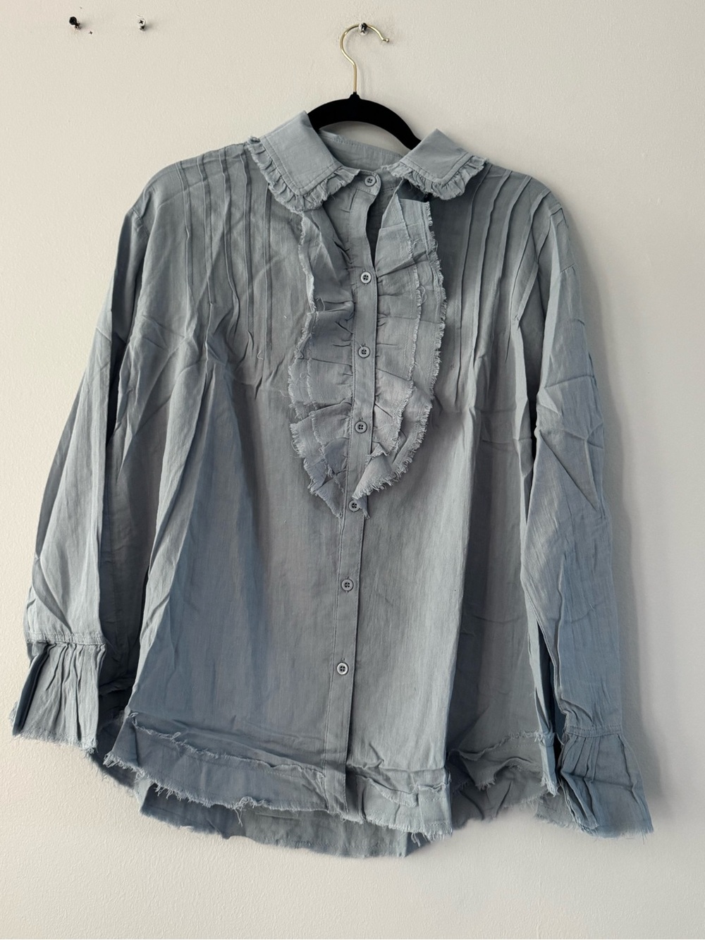 Easel BNWT Ruffled Button-Front Blouse in Dusty Blue
